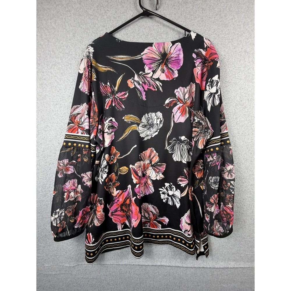 JM Collection Blouse Womens XXL Black Floral Balloon Sleeve Tunic Stretch Top - Picture 12 of 13